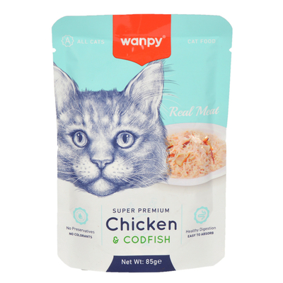 Wanpy - Wanpy 85 gr Pouch Tavuklu & Morina Balıklı Yaş Kedi Maması 12 Adet