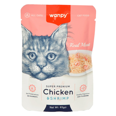 Wanpy - Wanpy 85 gr Pouch Tavuklu & Karidesli Yaş Kedi Maması 12 Adet