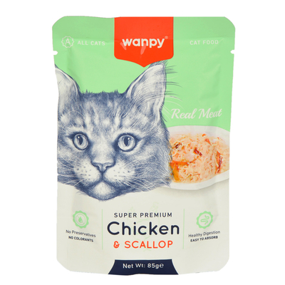 Wanpy - Wanpy 85 gr Pouch Tavuklu & Morina Balıklı Yaş Kedi Maması 12 Adet