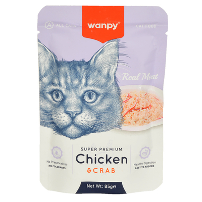 Wanpy - Wanpy 85 gr Pouch Tavuklu & Yengeçli Yaş Kedi Maması 12 Adet